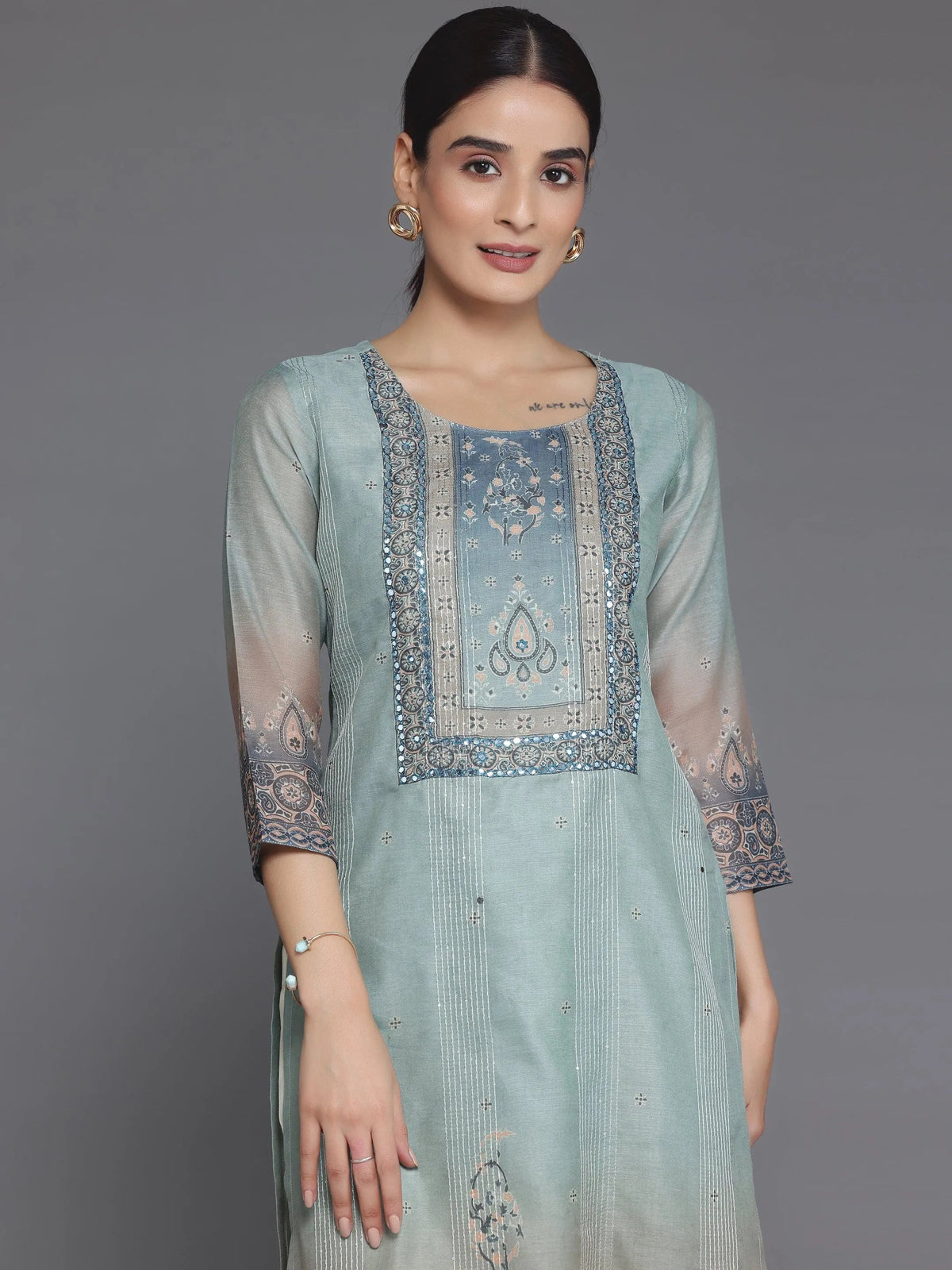 Libas Grey Embellished Chanderi Silk Straight Kurta