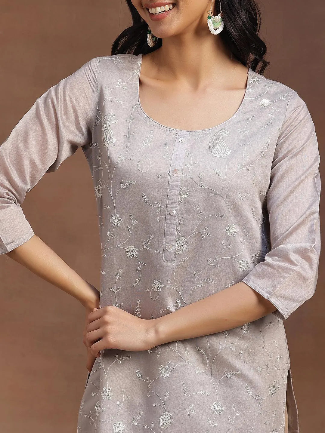 Libas Grey Embroidered Chanderi Silk Straight Kurta
