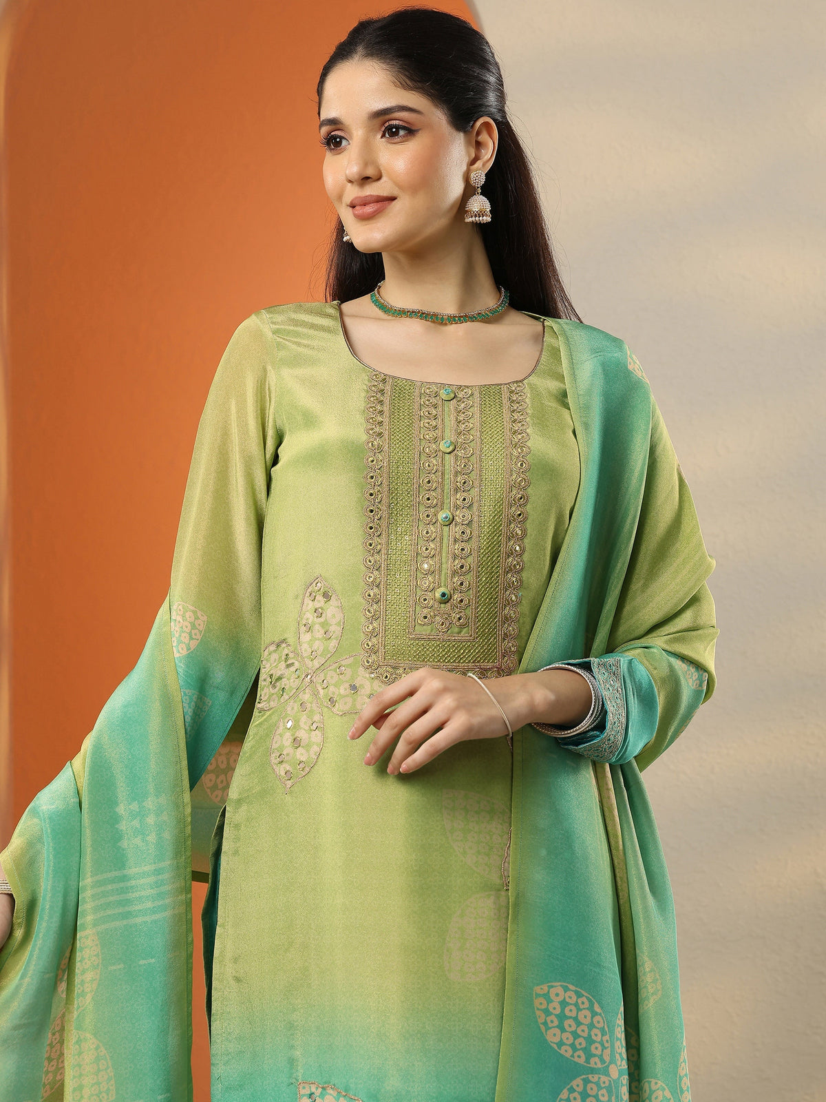 Libas Green Embroidered Crepe Straight Suit Set With Dupatta