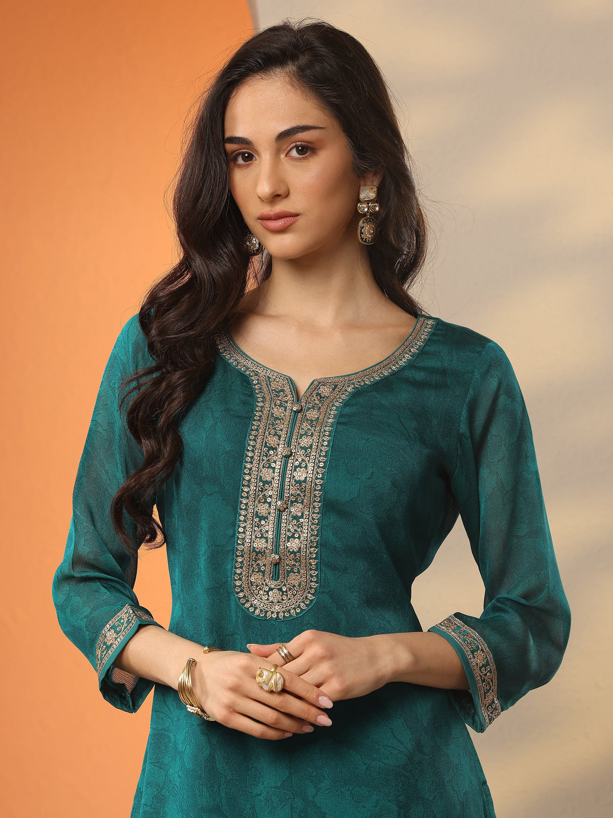 Libas Green Embroidered Silk Blend Straight Suit Set With Dupatta