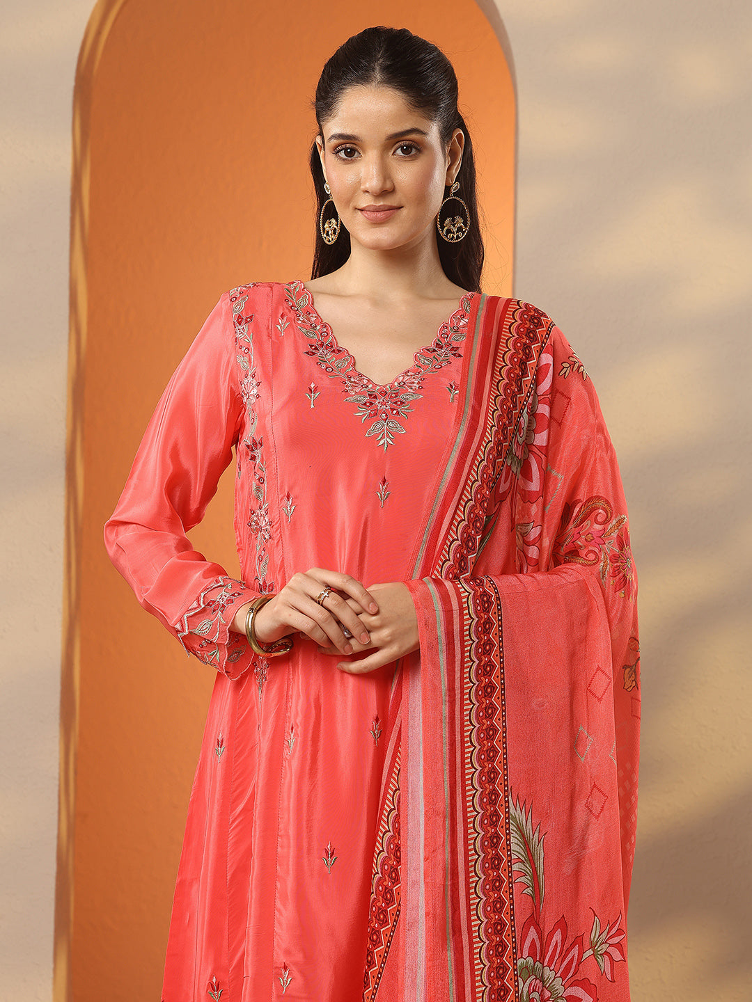 Libas Coral Embroidered Crepe A-Line Suit Set With Dupatta