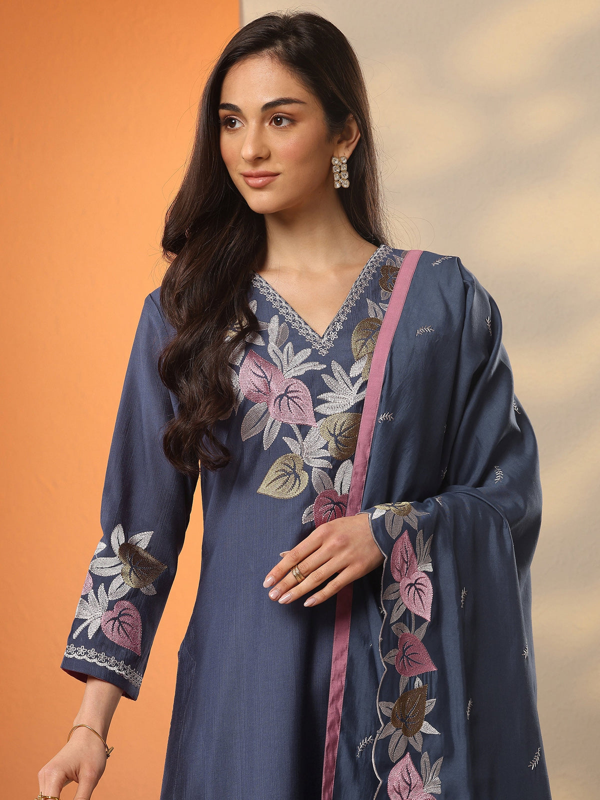 Libas Blue Yoke Design Silk Blend Straight Suit Set With Dupatta