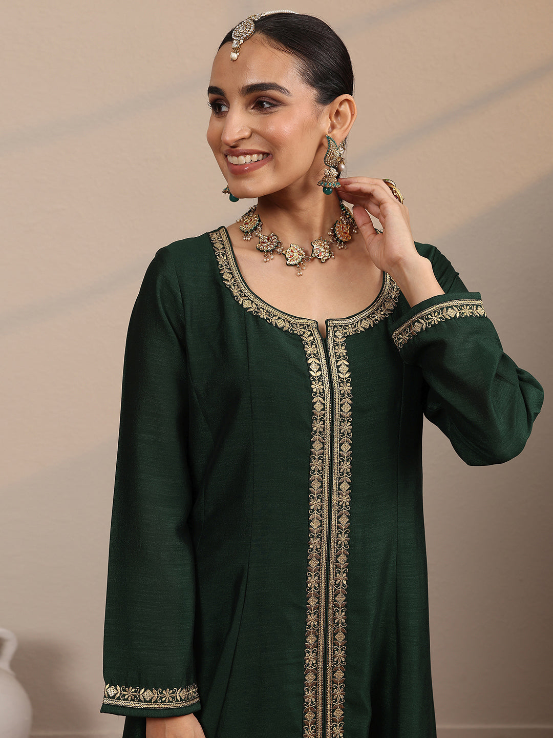 Libas Green Embroidered Silk Blend A-Line Suit Set With Dupatta