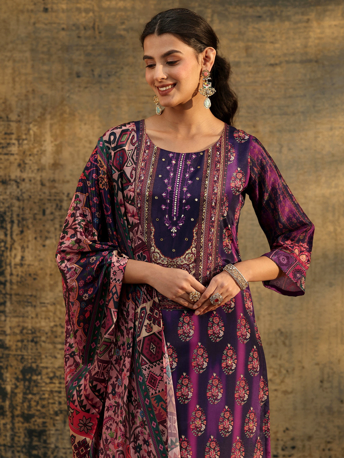Libas Dark Purple Floral Embroidered Chinon Straight Suit Set
