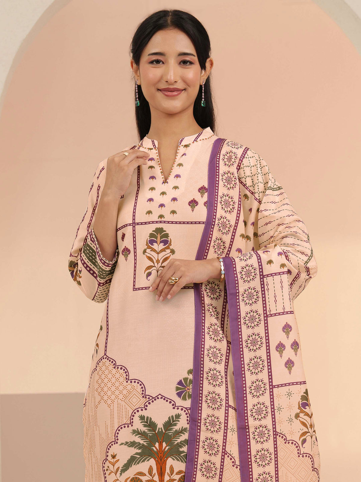 Libas Beige Mughal Floral Printed Silk Blend Straight Suit Set