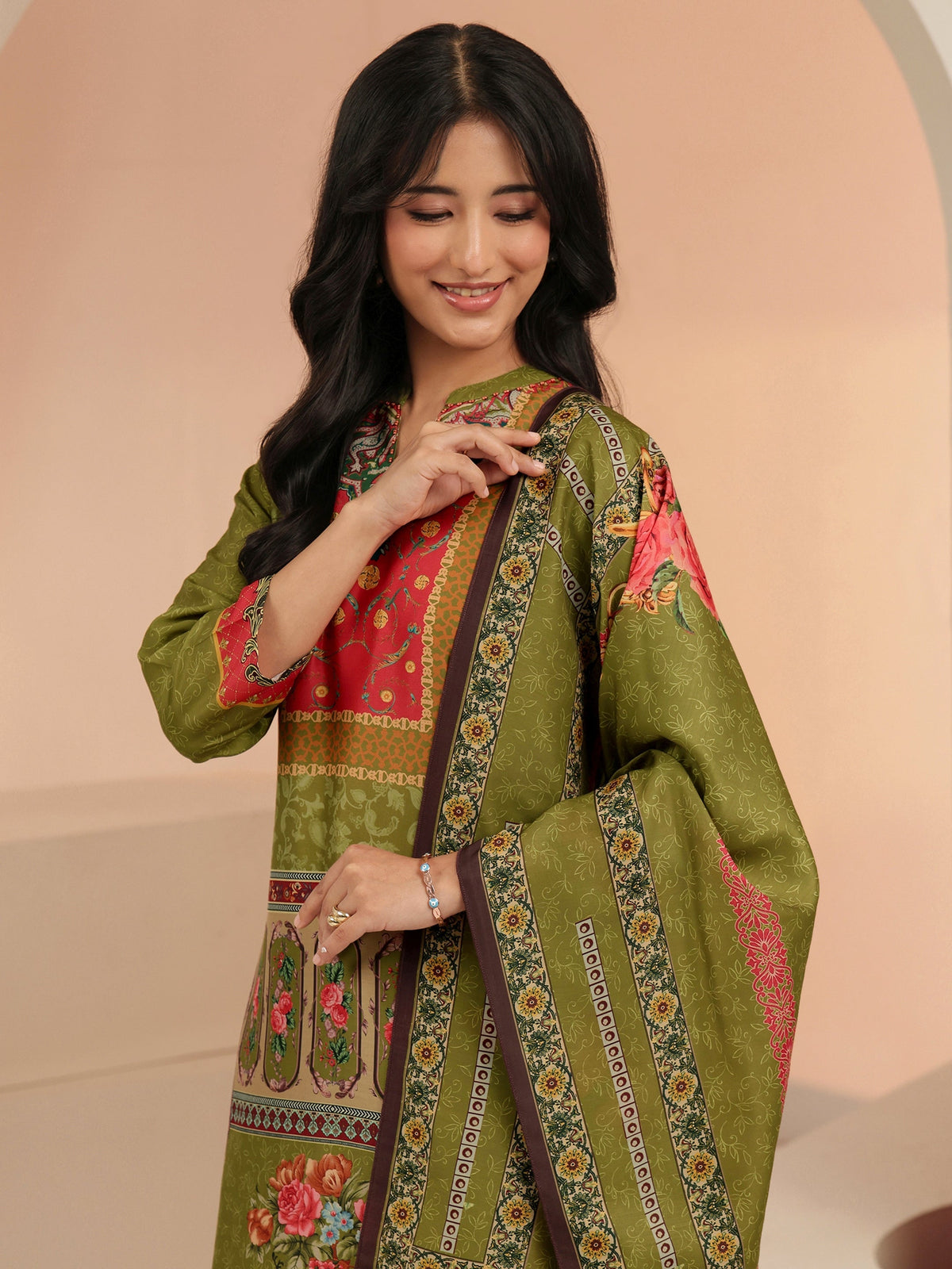 Libas Green Floral Printed Silk Blend Straight Suit Set