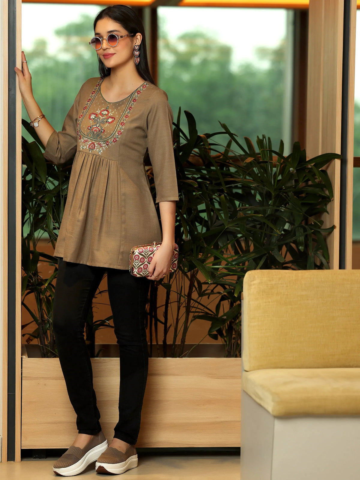 Libas Brown Yoke Design Cotton Blend A-Line Kurti