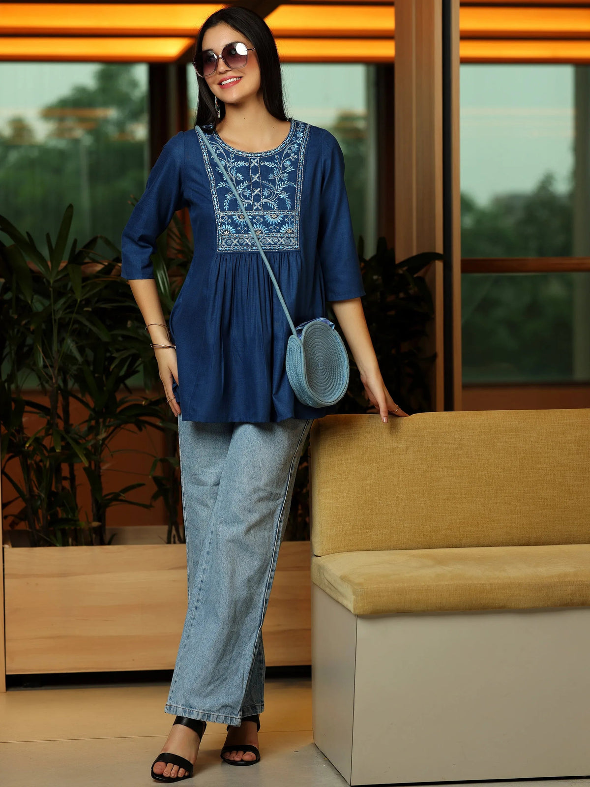 Libas Blue Yoke Design Cotton Blend A-Line Kurti