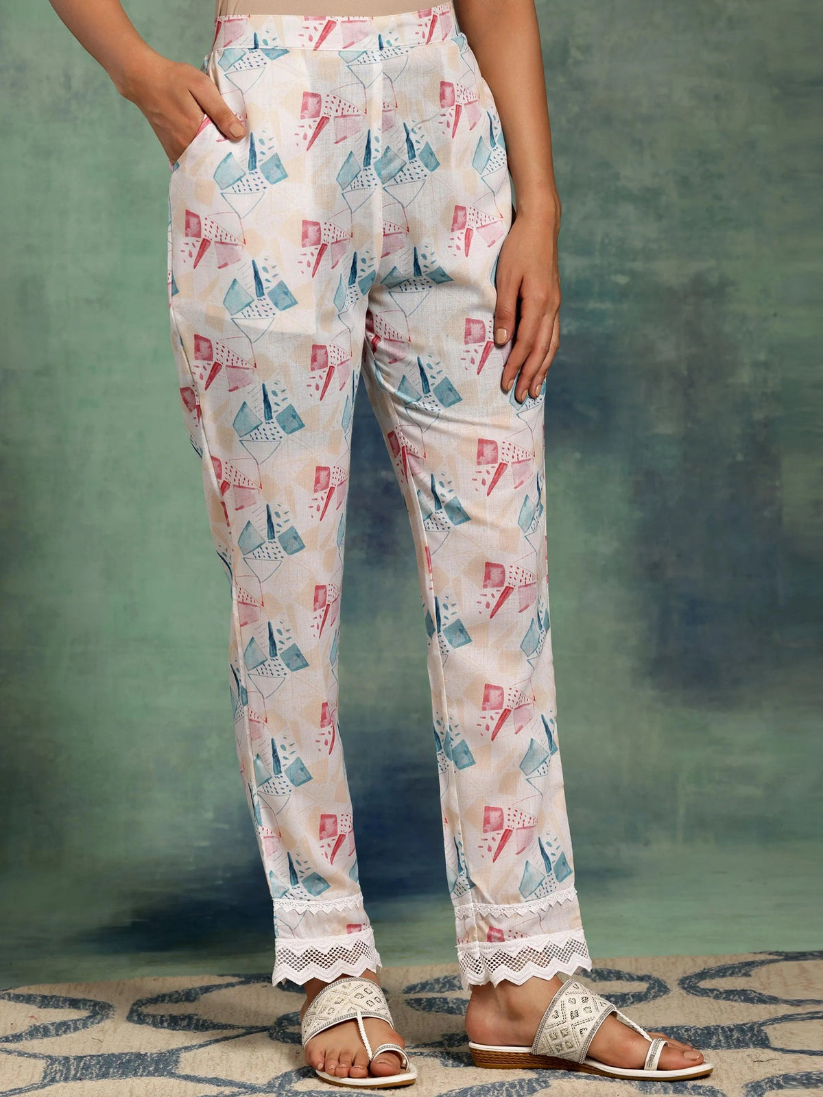 Libas Cream Printed Cotton A-Line Kurta With Trousers
