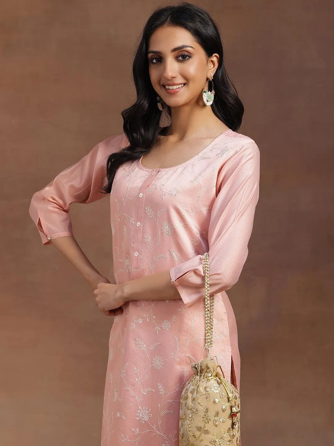 Libas Peach Embroidered Chanderi Silk Straight Kurta