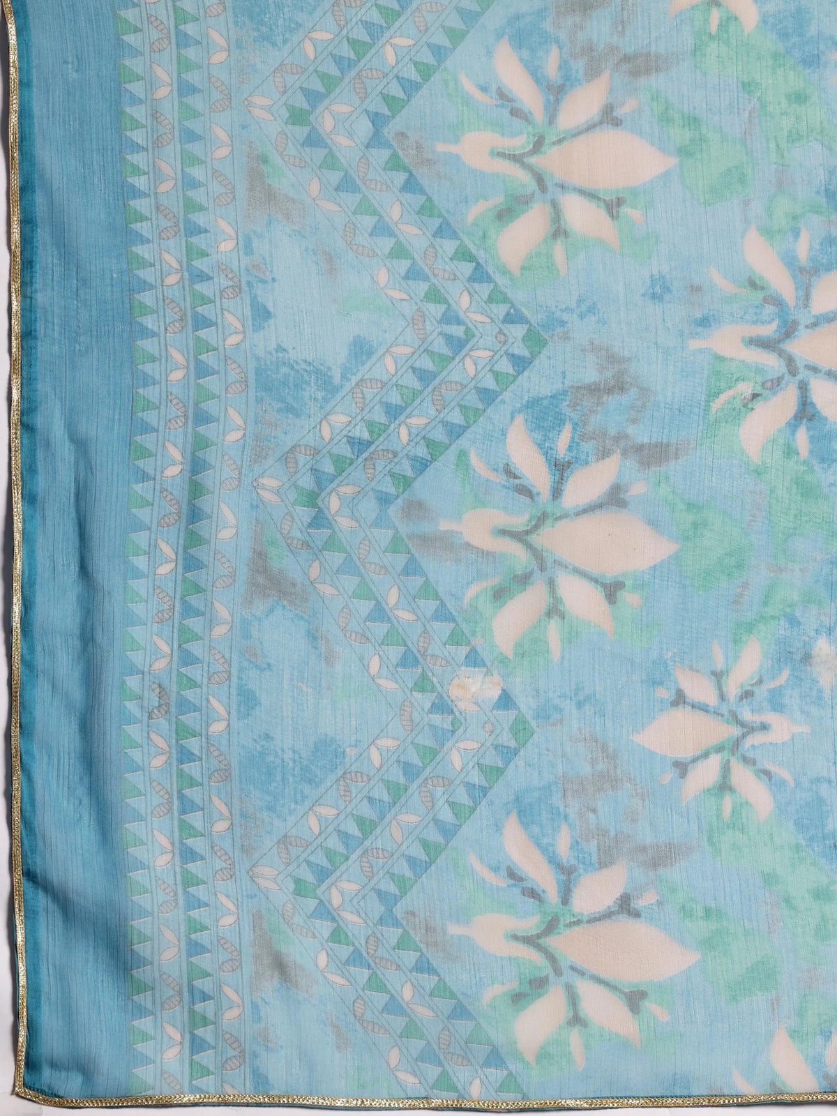 Libas Blue Printed Silk Blend A-Line Kurta With Palazzos & Dupatta