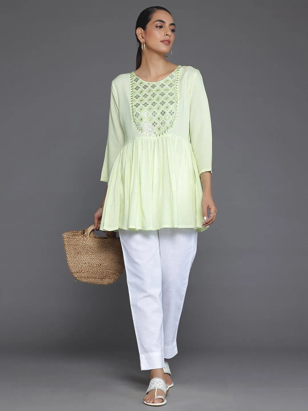 Libas Green Embroidered Rayon A-Line Kurti