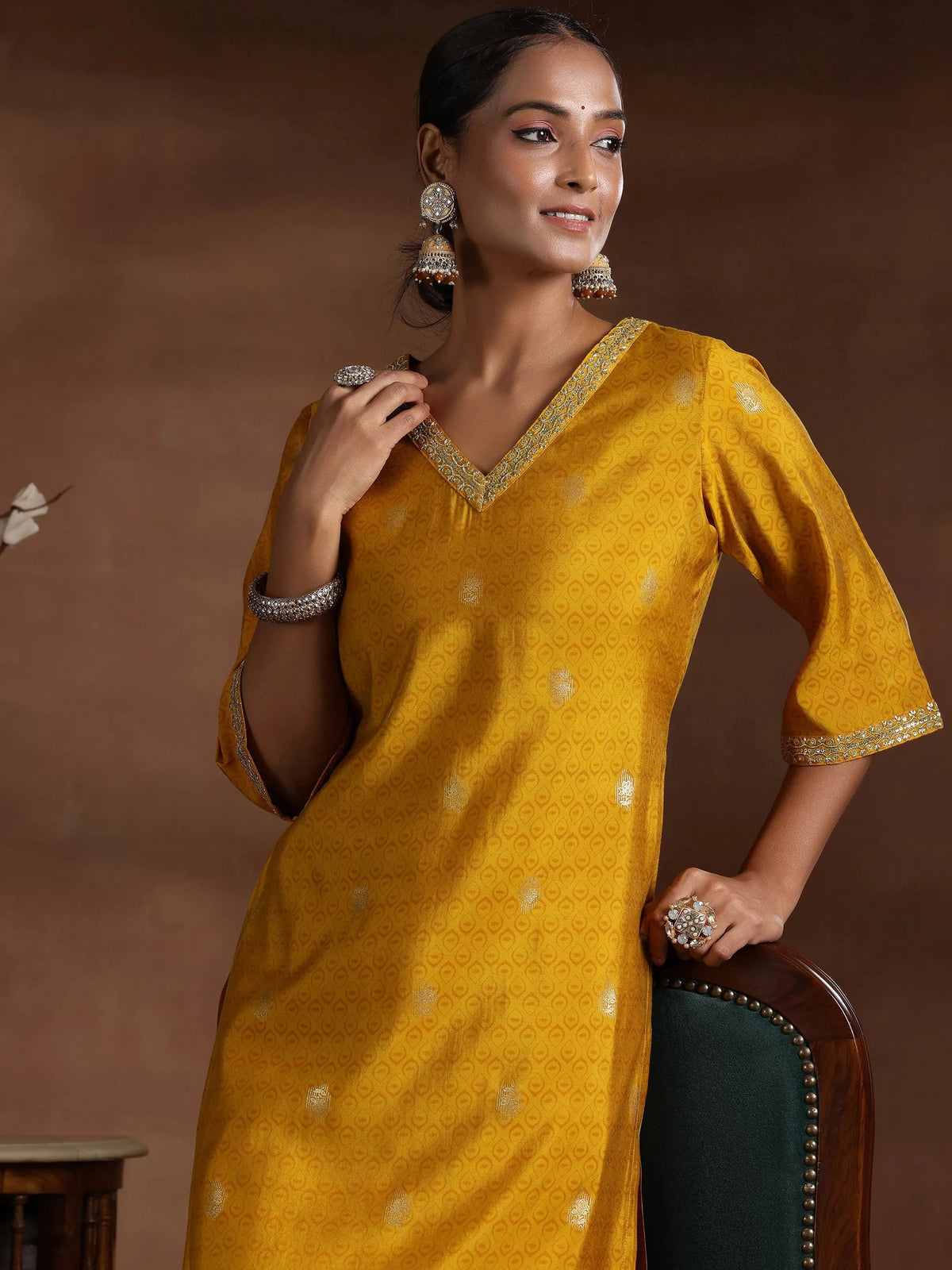 Libas Mustard Printed Silk Straight Kurta