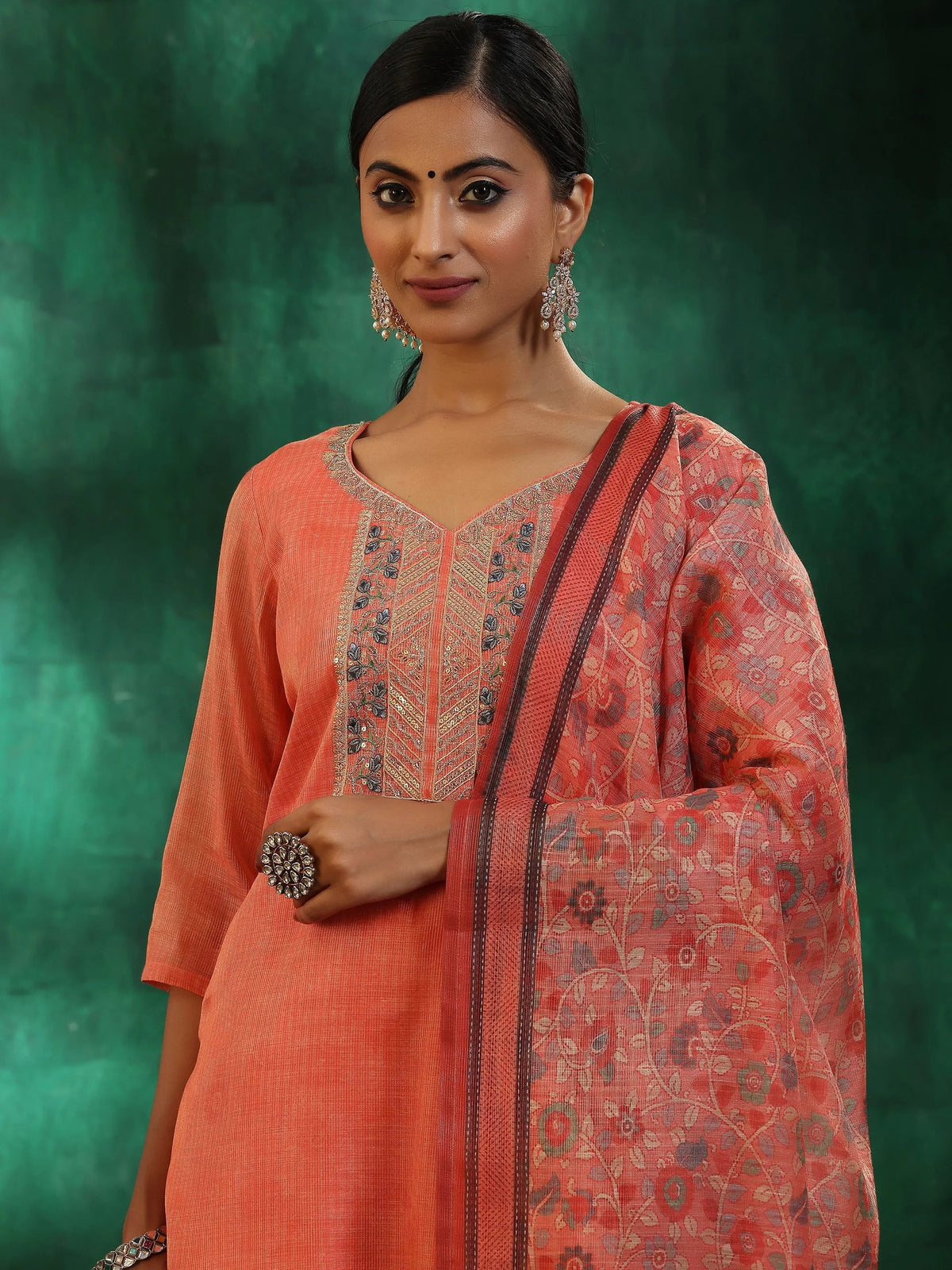 Libas Peach Yoke Design Silk Blend Straight Suit With Dupatta