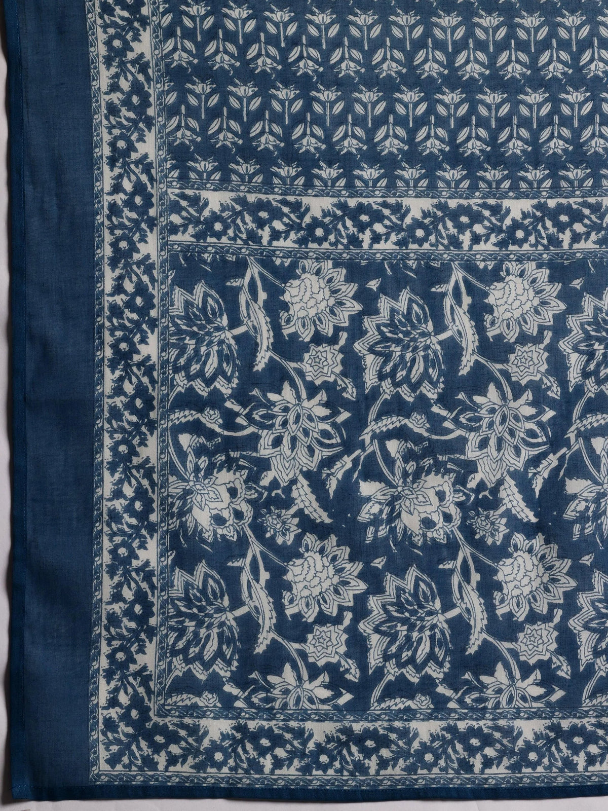 Libas Blue Printed Cotton A-Line Kurta With Trousers & Dupatta