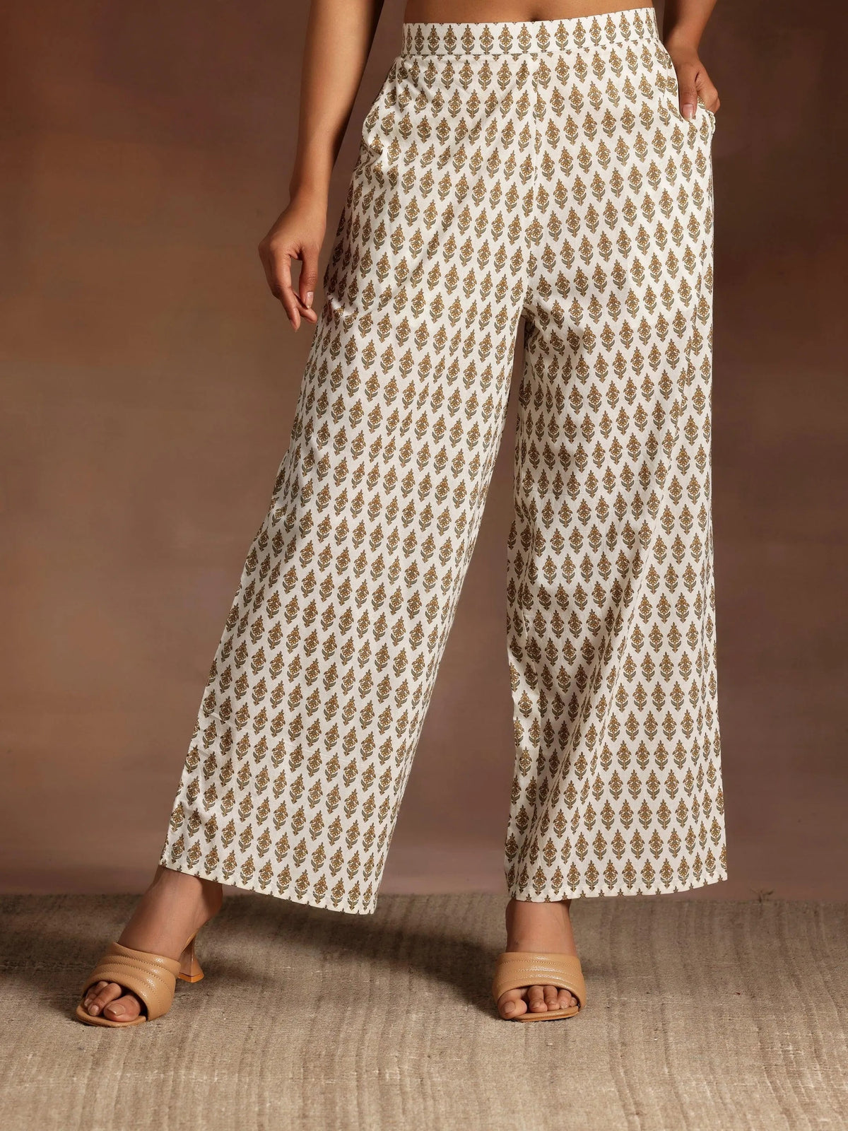 Libas Off White Printed Cotton A-Line Kurta With Palazzos