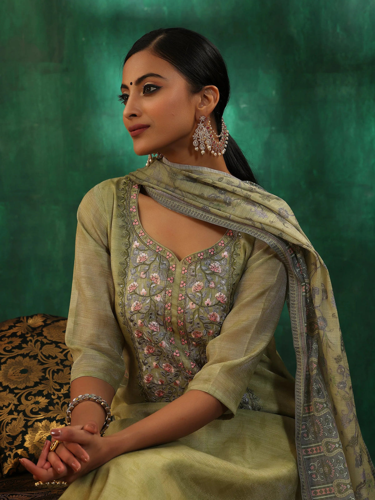 Libas Green Yoke Design Silk Blend Straight Suit With Dupatta