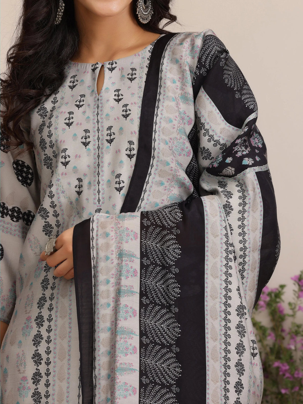 Libas Grey Printed Silk Blend Straight Suit With Dupatta