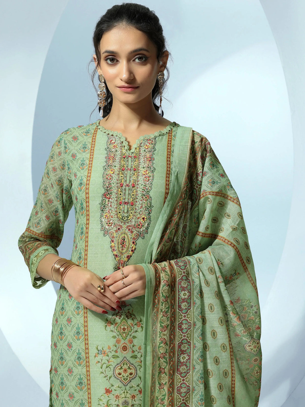 Libas Green Printed Cotton Blend Straight Suit With Dupatta