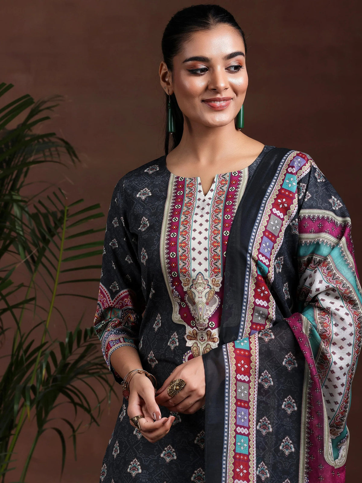 Libas Black Printed Poly Crepe Straight Suit With Dupatta