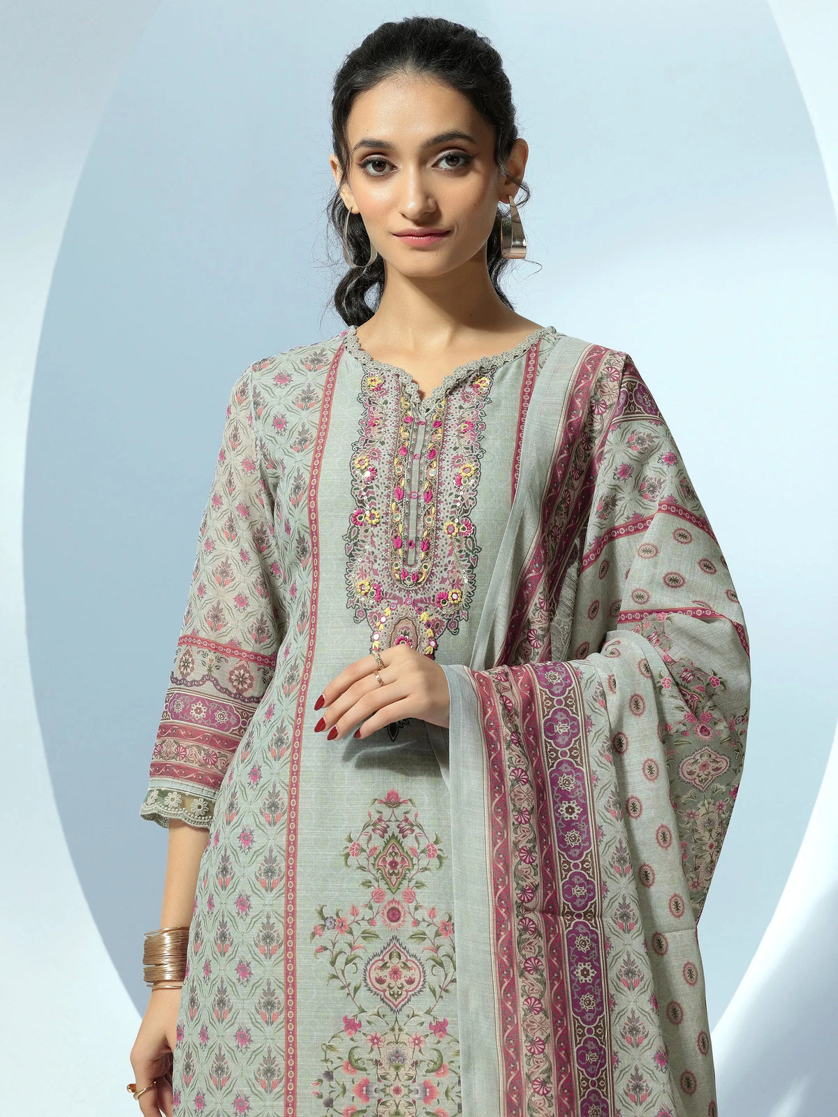 Libas Grey Printed Linen Straight Suit With Dupatta