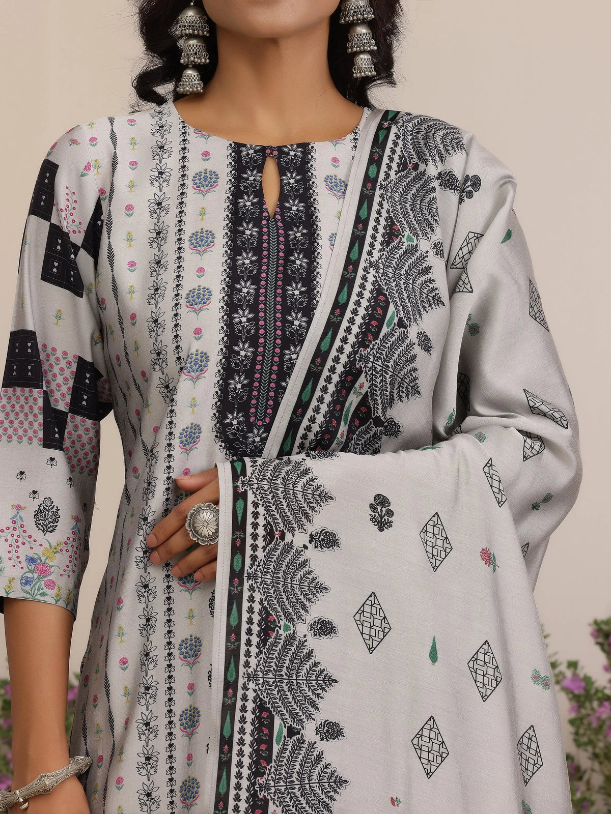 Libas Grey Printed Silk Blend Straight Suit With Dupatta
