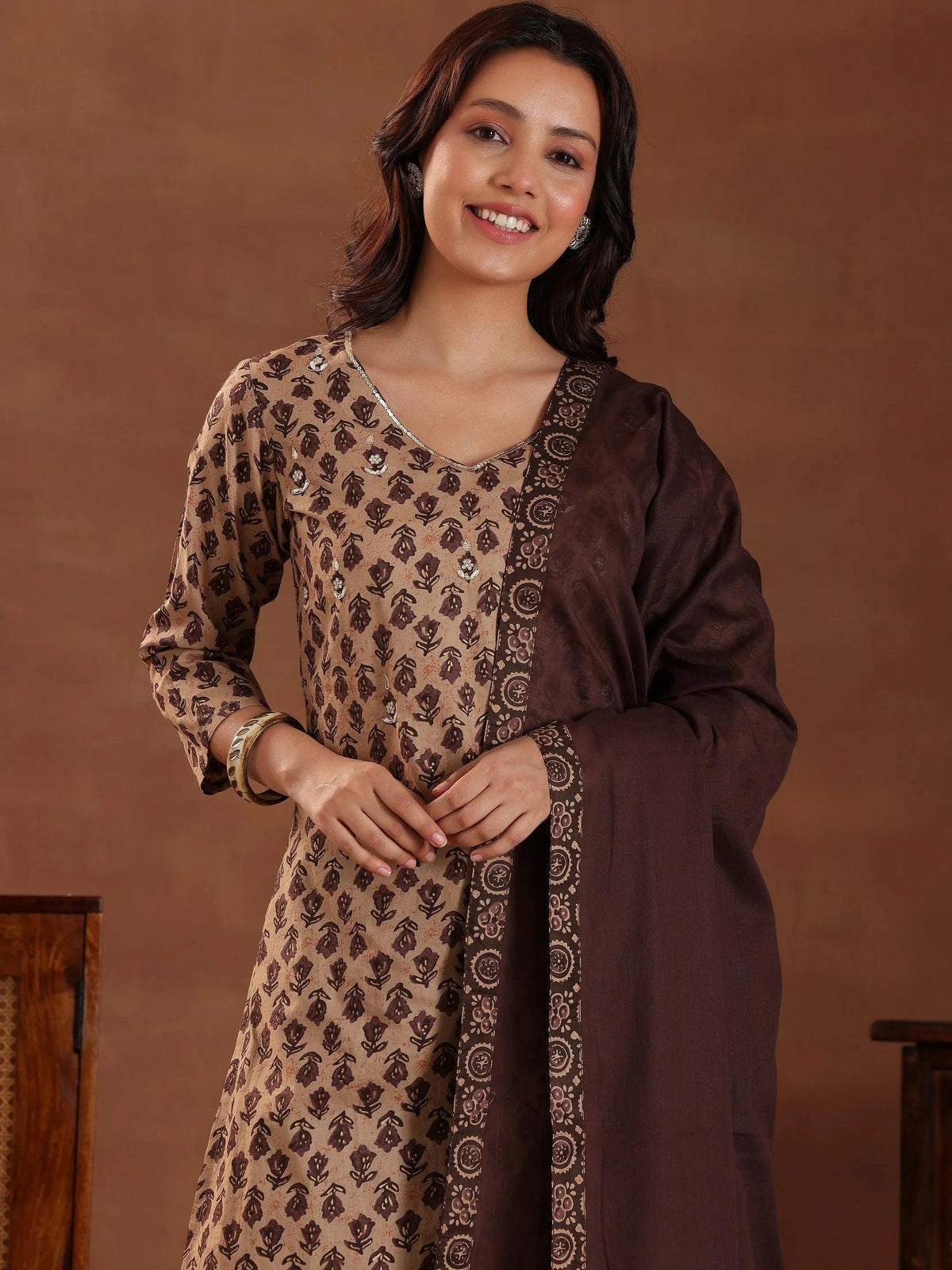 Libas Brown Printed Cotton Straight Suit With Dupatta