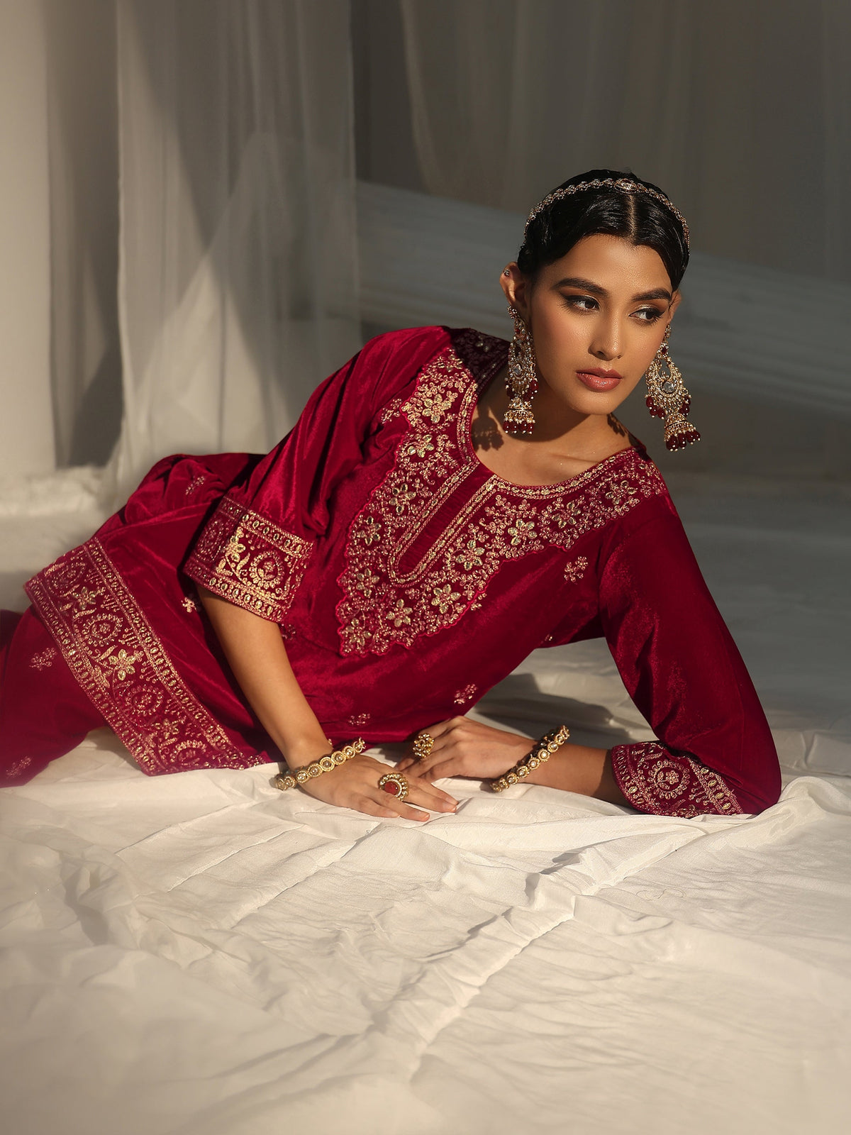 Libas Crimson Red Floral Embroidered Velvet Co-Ord Set