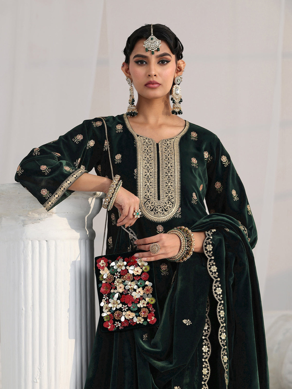 Libas Dark Teal Green Floral Embroidered Velvet Straight Suit Set