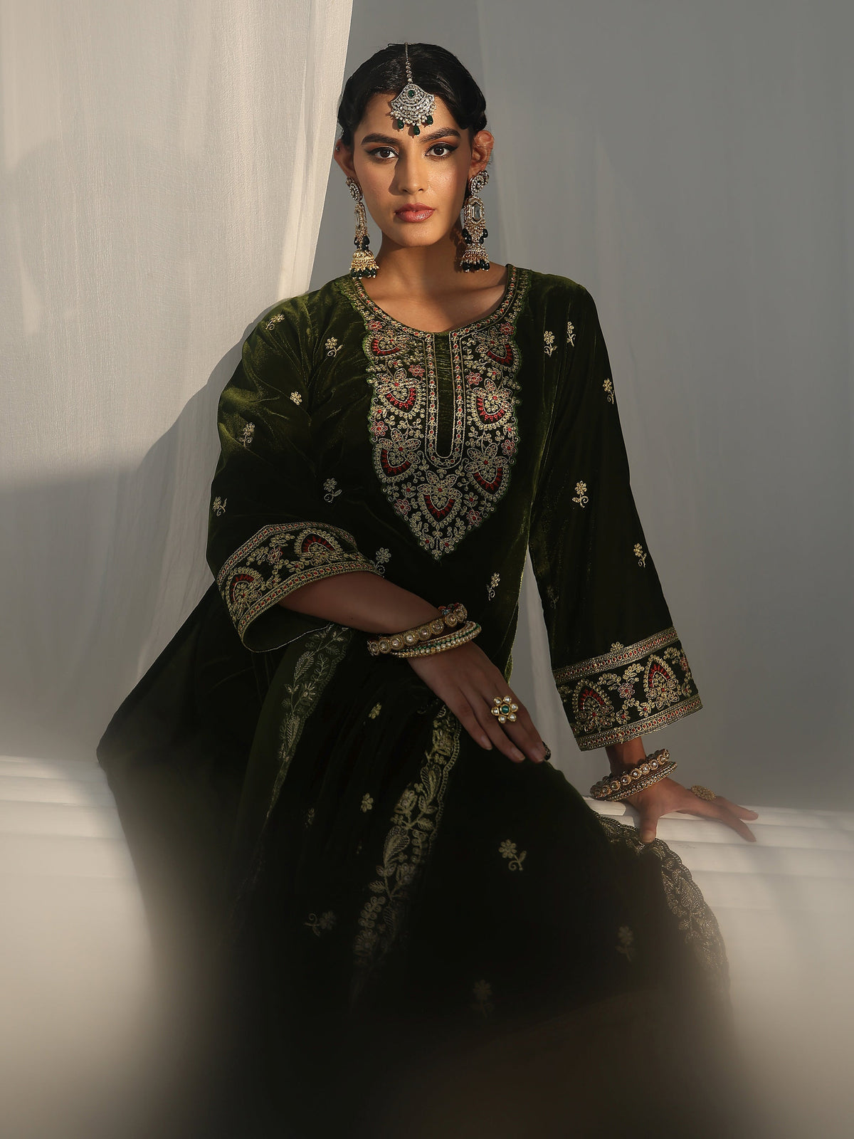 Libas Forest Green Ethnic Embroidered Velvet Straight Suit Set