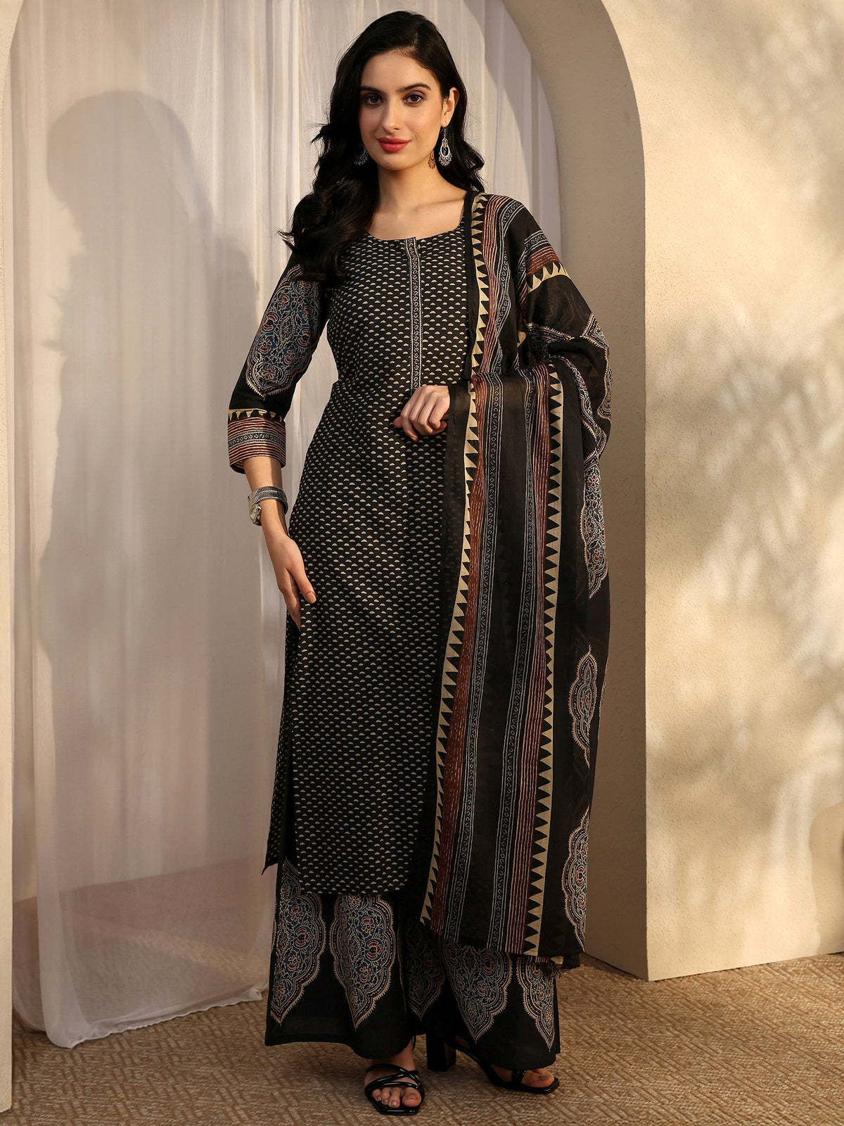 Libas Black Printed Cotton Straight Suit Set With Dupatta