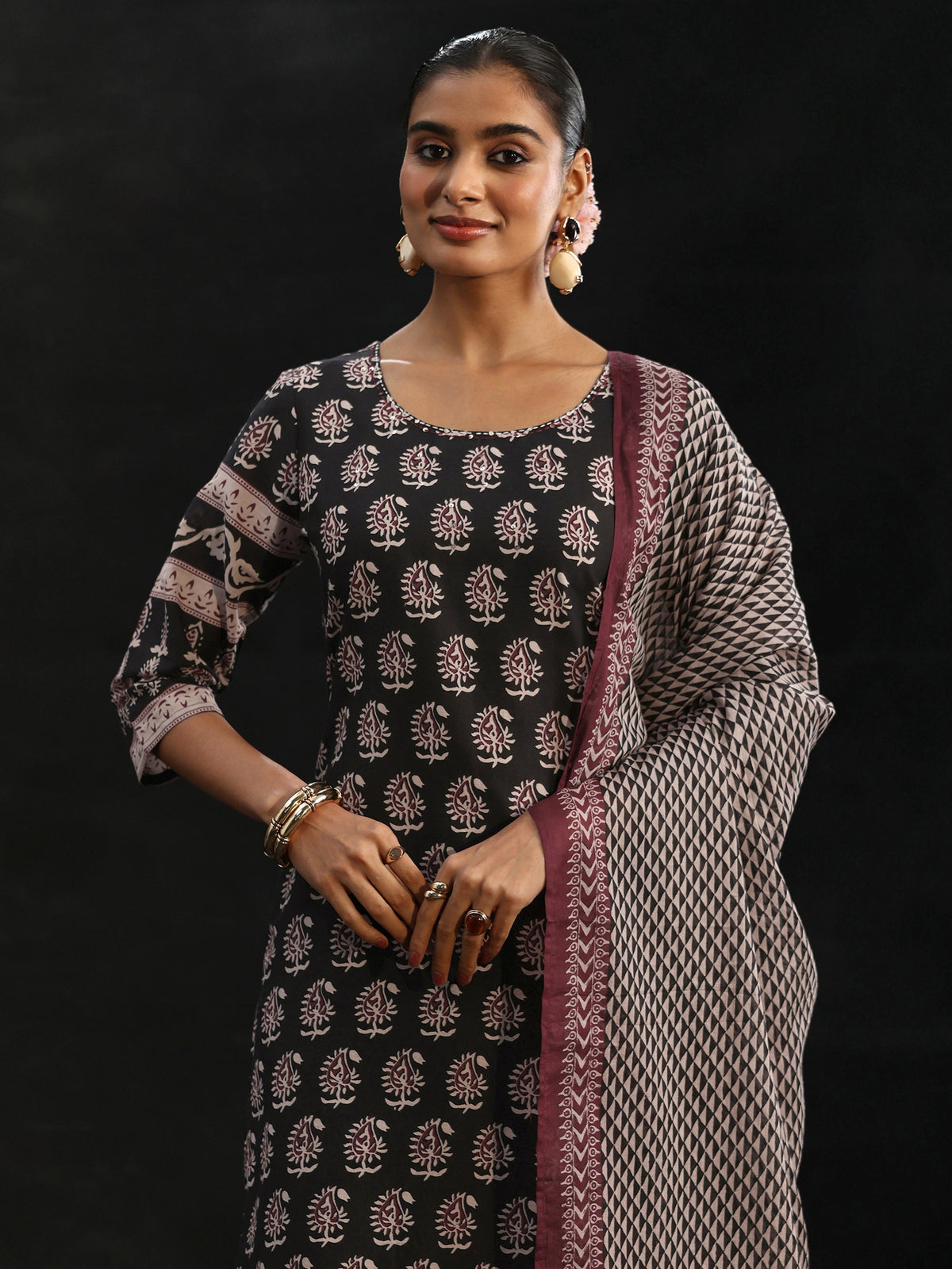 Libas Black Ajrakh Printed Cotton Straight Suit Set