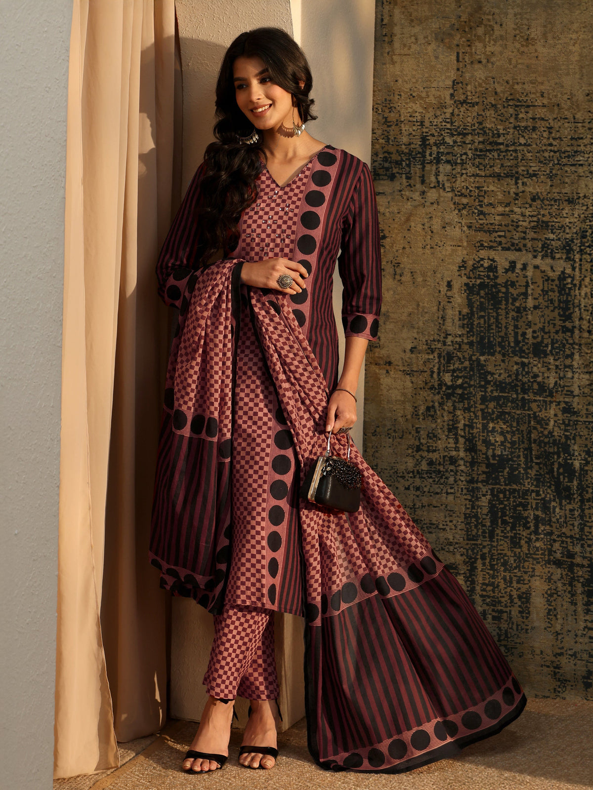 Libas Brown Ajrakh Printed Cotton Straight Suit Set