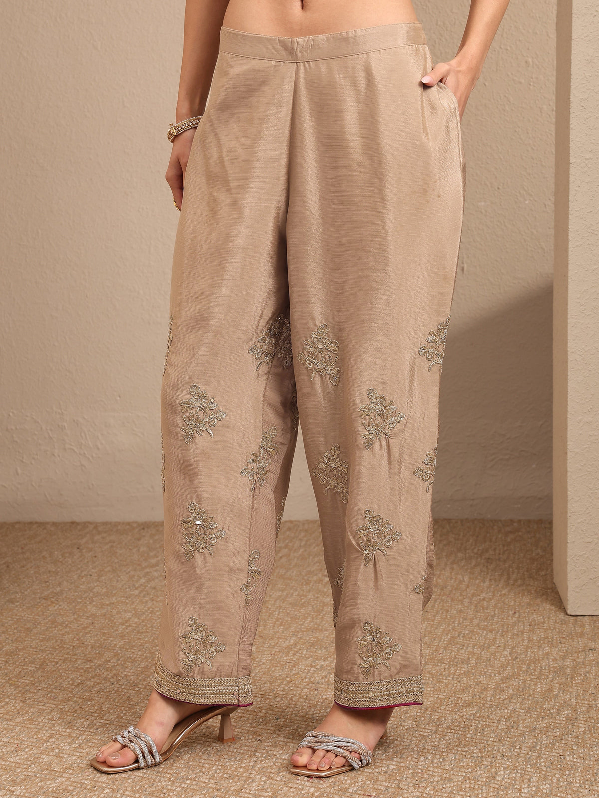 Libas Beige Embroidered Silk Blend Straight Suit Set With Dupatta