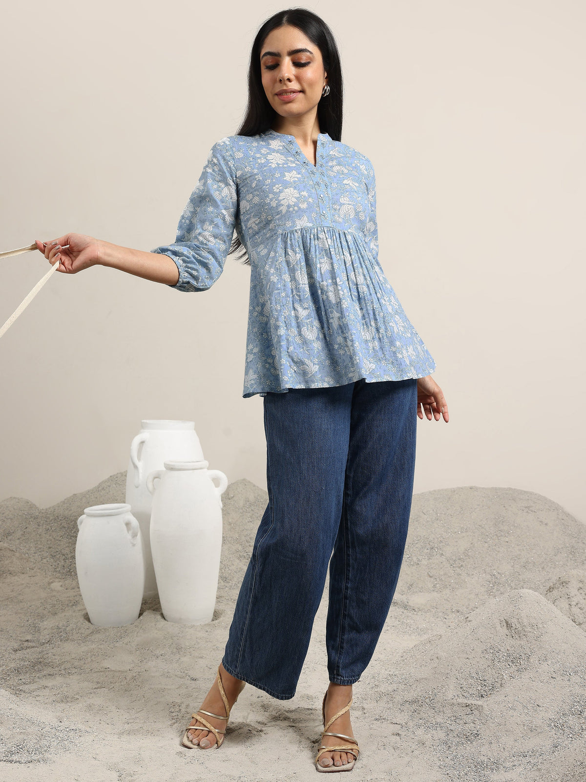 Libas Blue Printed Cotton Anarkali Kurti
