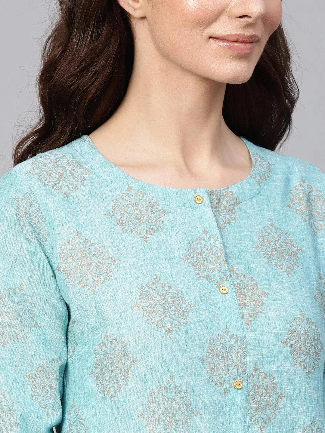 Libas Blue Printed Cotton A-Line Kurta With Palazzos