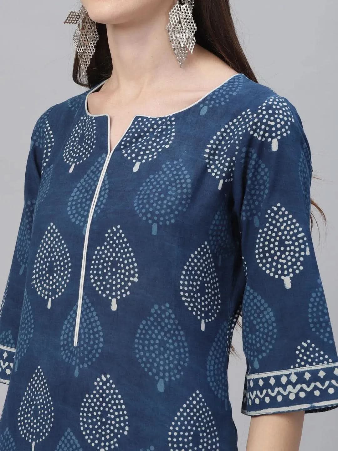 Libas Blue Printed Cotton Straight Kurta With Palazzos & Dupatta