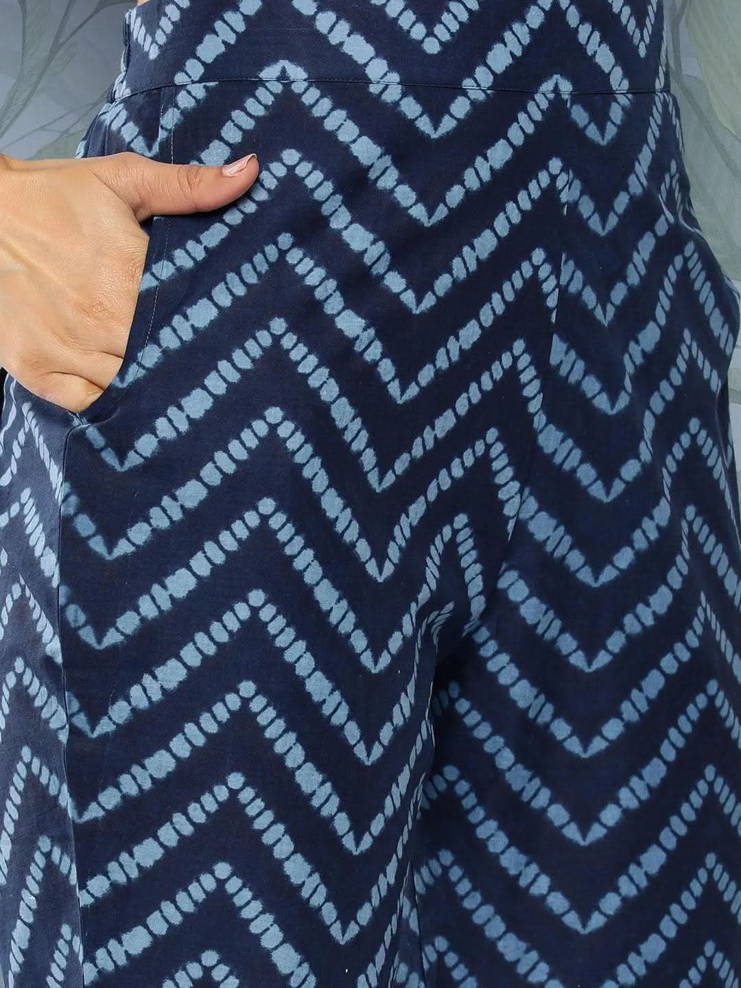 Libas Blue Printed Cotton Straight Kurta With Trousers & Dupatta