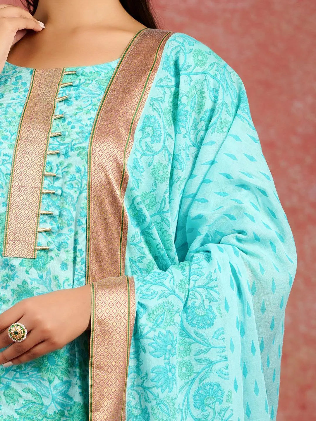 Libas Blue Printed Cotton Straight Suit With Dupatta