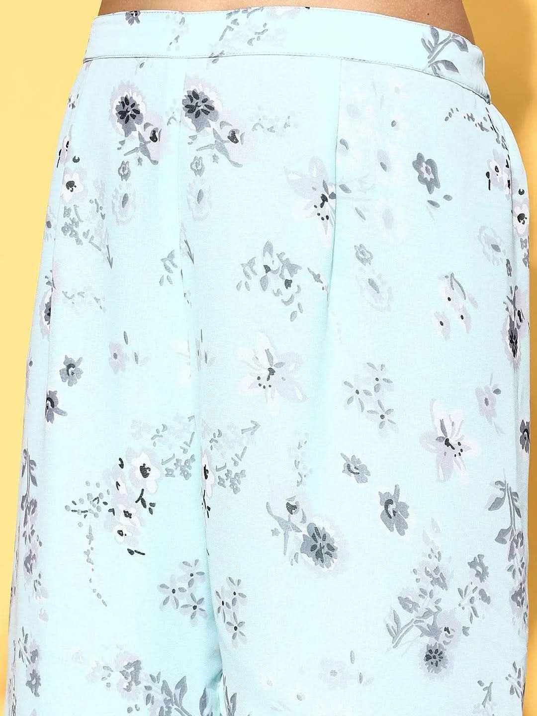 Libas Blue Printed Georgette A-Line Sharara Suit Set With Dupatta