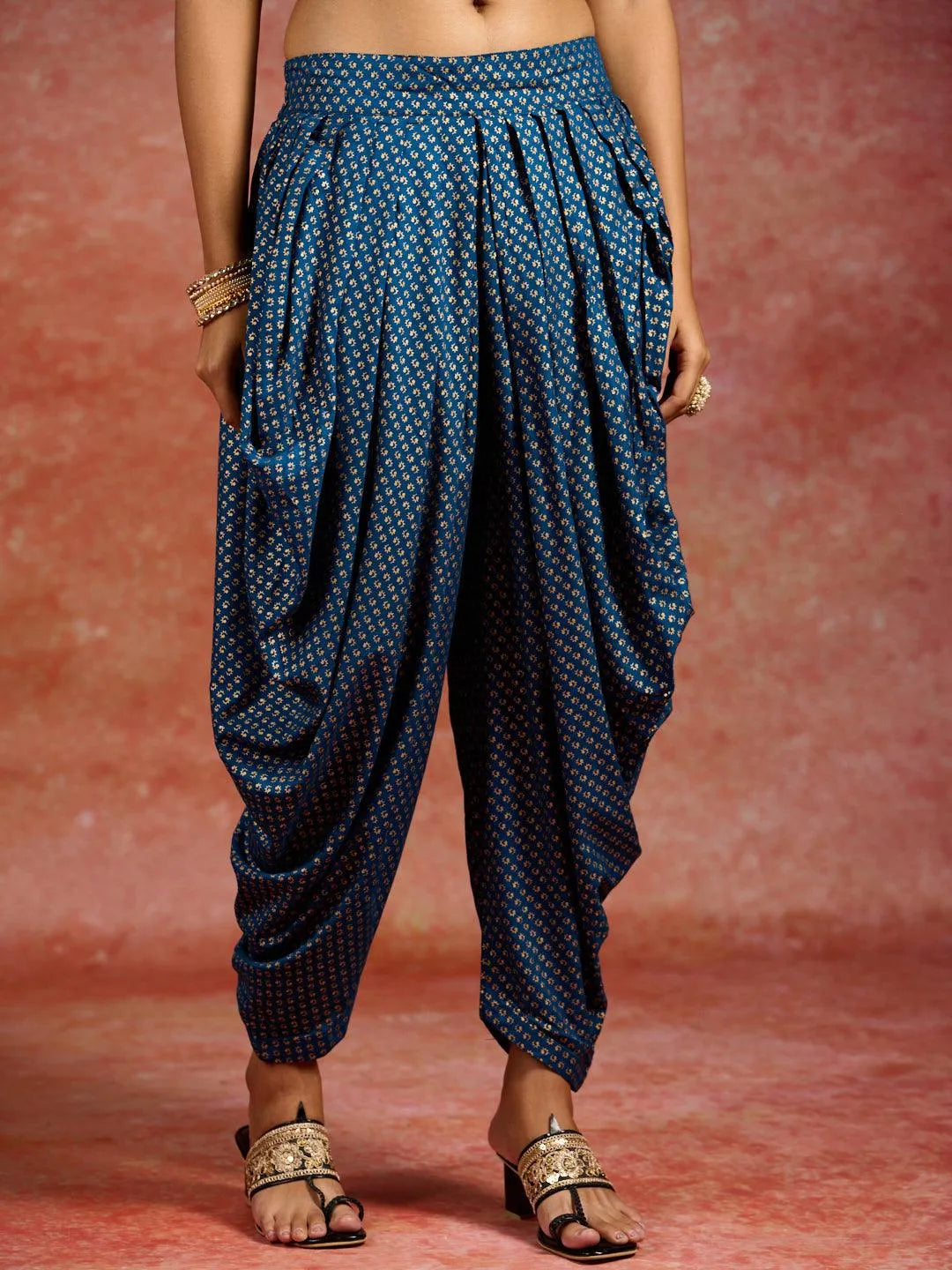 Libas Blue Printed Rayon A-Line Kurta With Dhoti Pants