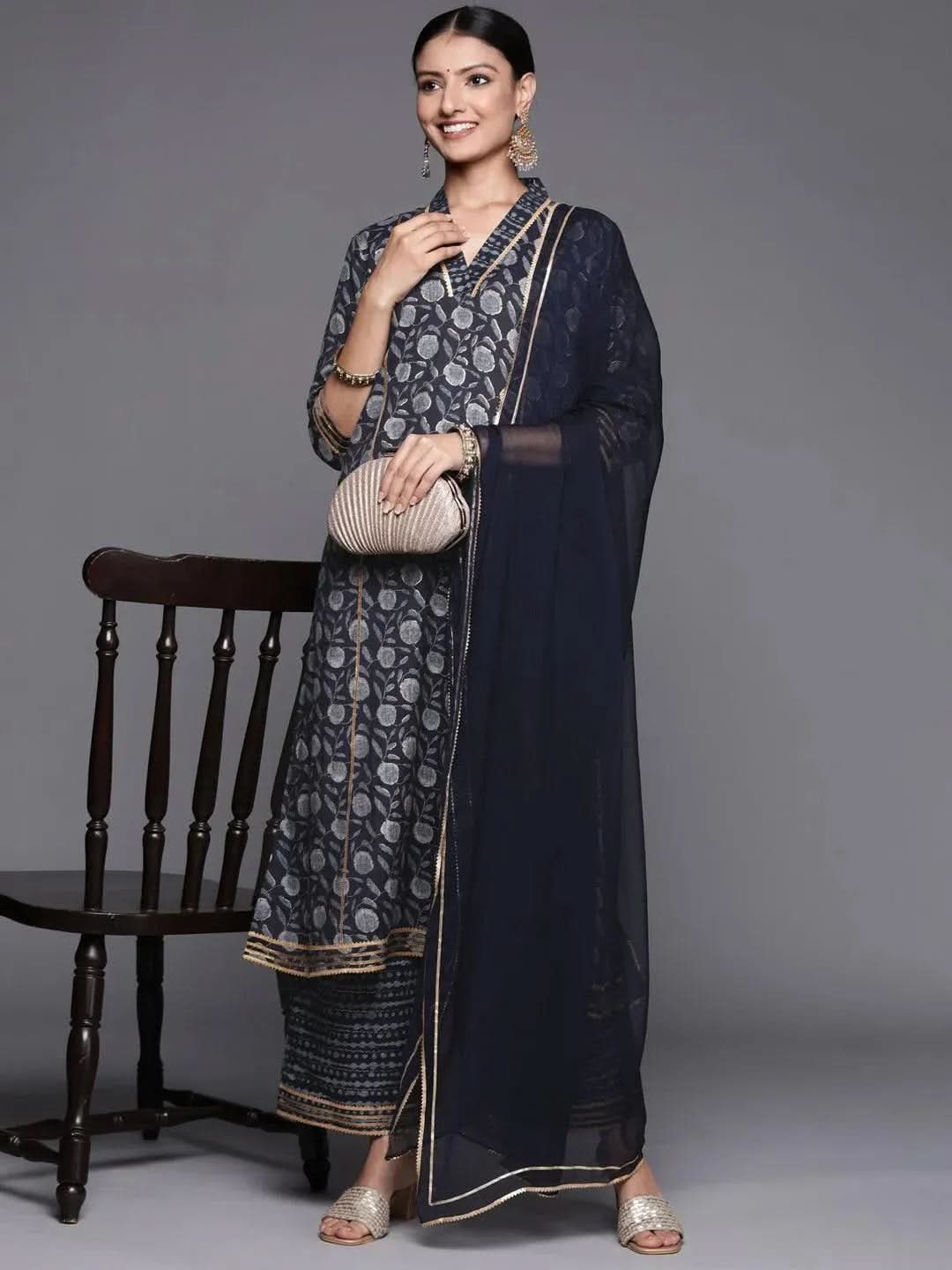 Libas Blue Printed Rayon A-Line Kurta With Palazzos & Dupatta