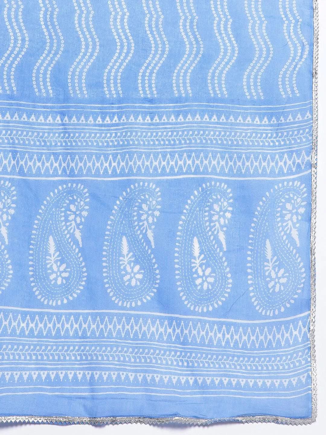Libas Blue Yoke Design Cotton Anarkali Kurta With Trousers & Dupatta