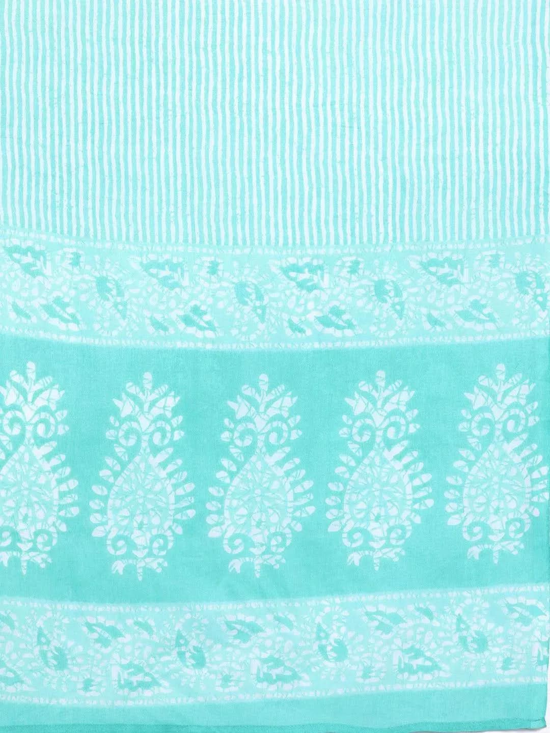 Libas Blue Yoke Design Cotton Straight Kurta With Trousers & Dupatta