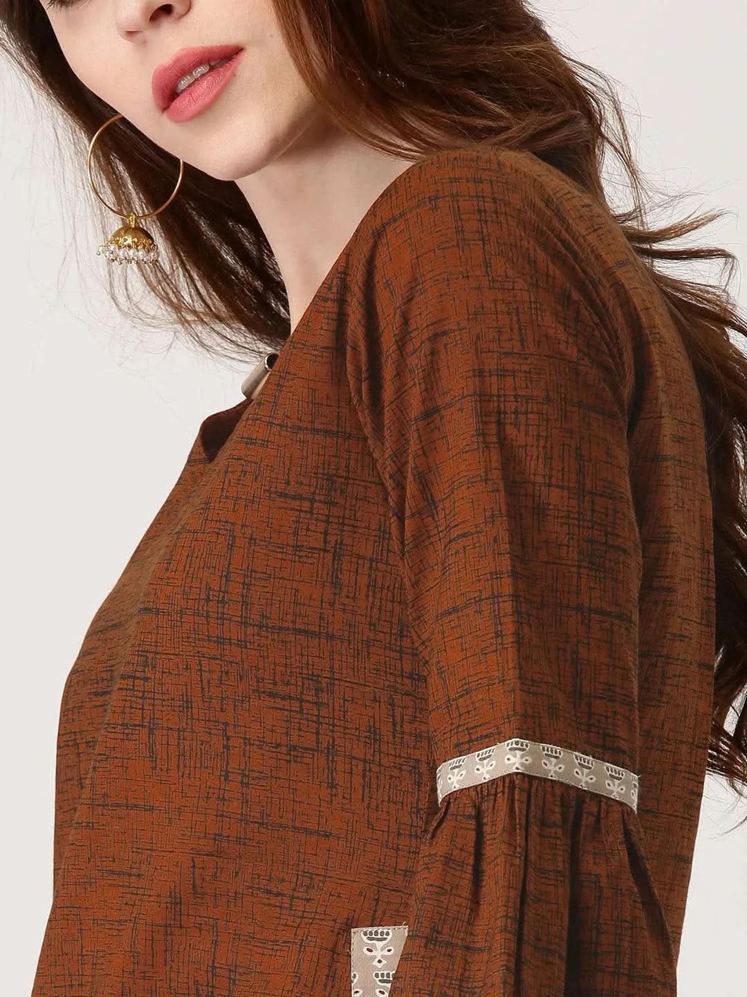 Libas Brown Printed Cotton Straight Kurta With Trousers