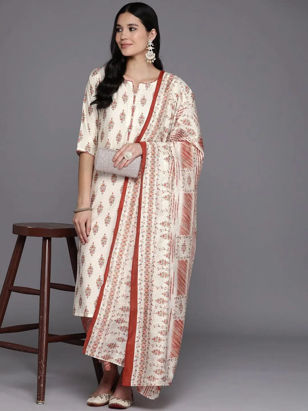 Libas Cream Printed Silk Blend Straight Kurta With Palazzos & Dupatta