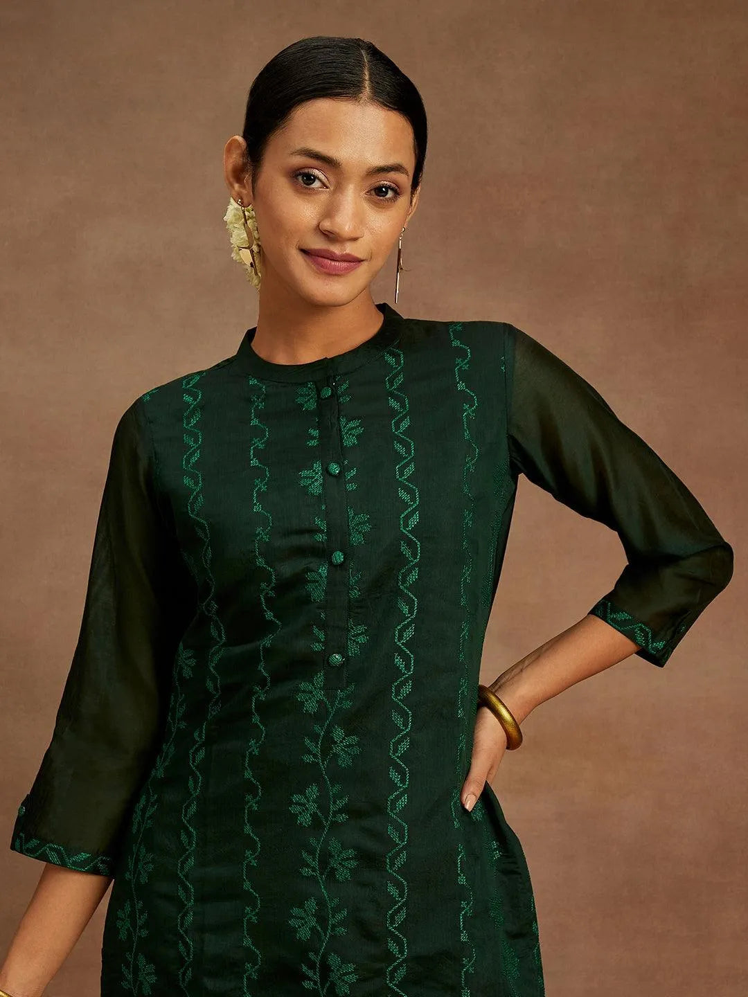Libas Green Embroidered Chanderi Silk Straight Kurta