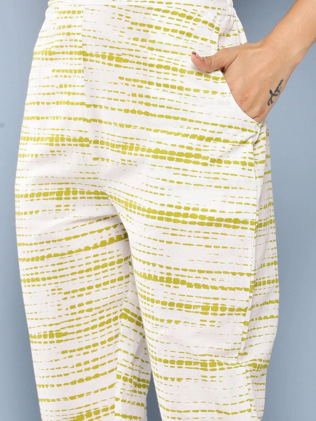 Libas Green Printed Cotton Straight Kurta With Trousers & Dupatta