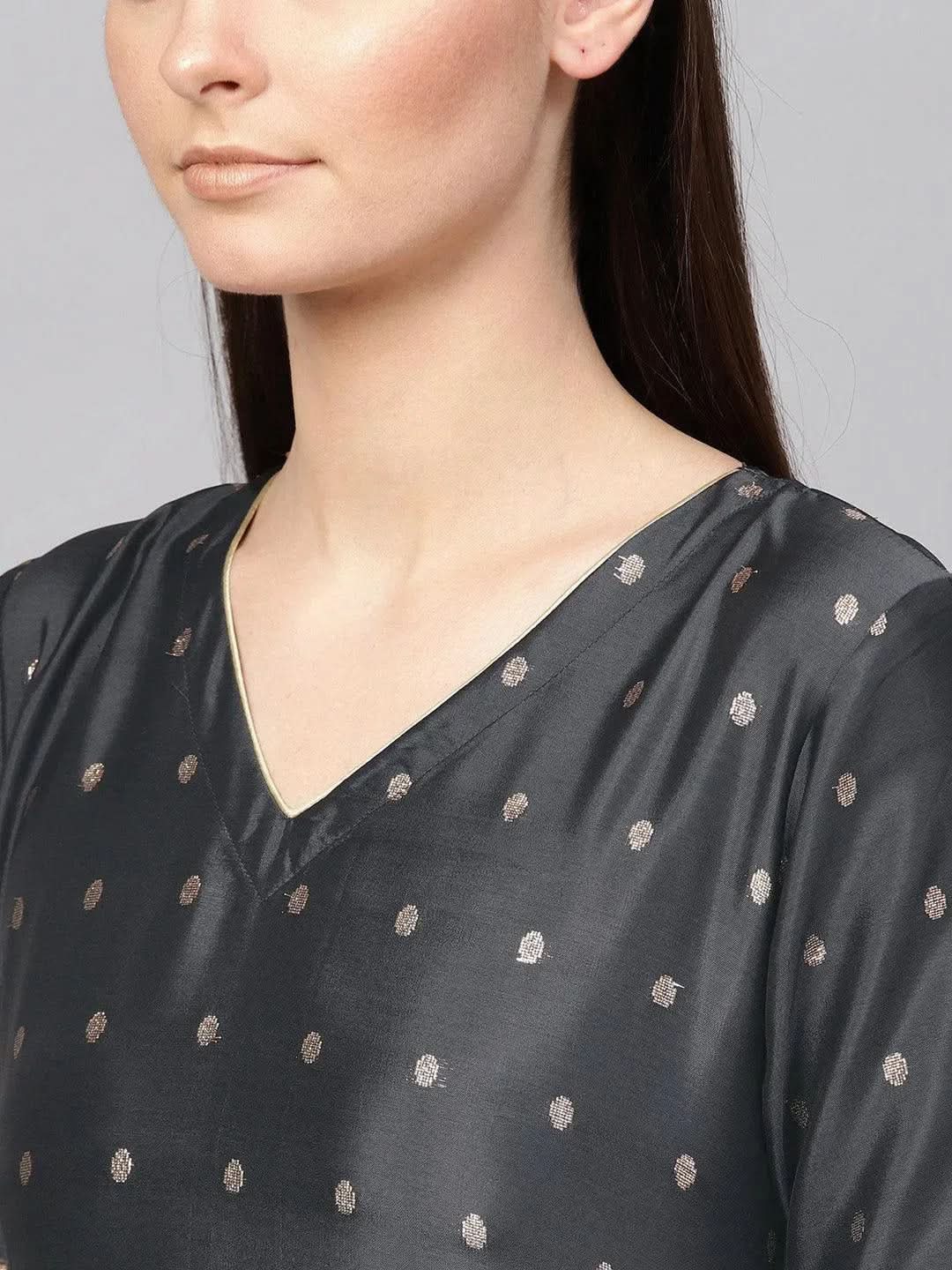 Libas Grey Embroidered Polyester Straight Kurta With Palazzos & Dupatta