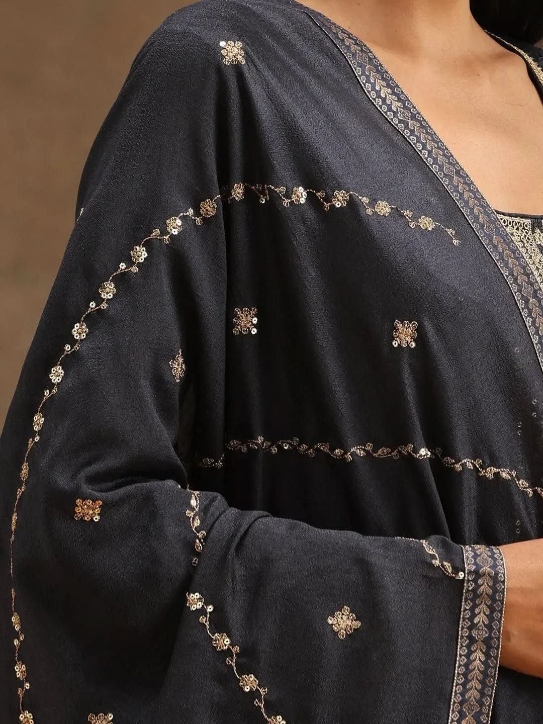 Libas Grey Embroidered Silk Blend Straight Kurta With Trousers & Dupatta